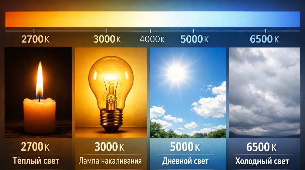 Шкала цветовой температуры в Кельвинах с примерами для выбора освещения.